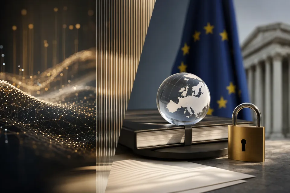 Abstrakte Illustration von KI, Datenschutz und DSGVO-Prüfung in der EU