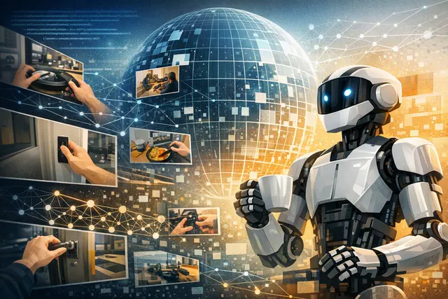 AI-generated concept image of a robot hand trained by watching human first-person video, representing Dyna Robotics' DYNA-2 World-Action Model pre-trained on one million hours of h