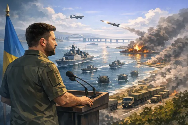 Ukrainian President Volodymyr Zelenskyy delivering an evening address on August 14, 2026, announcing the expansion of Ukraine's strategic blockade of southern Russia.