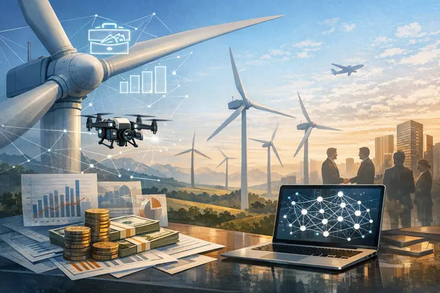 A drone flying near a wind turbine blade against a blue sky, representing Perceptual Robotics' autonomous wind turbine inspection technology.