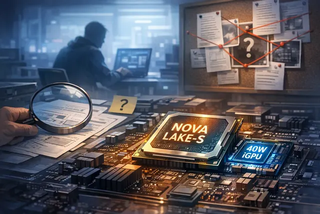 Abstract 3D render of a futuristic processor die with glowing blue circuits, symbolizing the powerful Xe3P integrated GPU in Intel's Nova Lake-S desktop CPU.