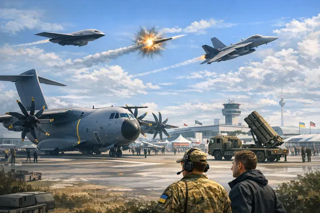 A collage of defense technology shown at ILA Berlin 2026 featuring a drone swarm, a large military drone, and a fighter jet against a modern skyline