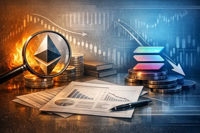 Abstract visualization of Ethereum and Solana token supply becoming scarcer than gold, with inflation rate charts and blockchain network graphics