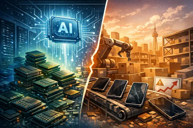 A conceptual illustration showing a smartphone being squeezed by massive AI data center servers, with memory chip prices skyrocketing in the background.