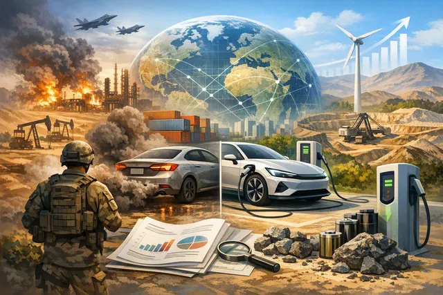 Artistic rendering of a global map with electric vehicles and oil pumpjacks, illustrating the shift from oil to EVs amid geopolitical conflict.