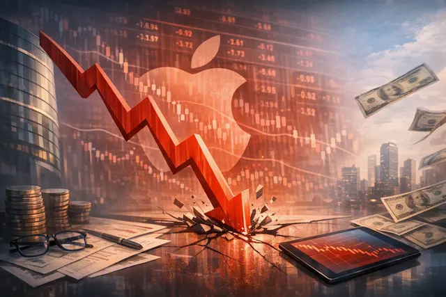 Editorial image of Apple's stock chart showing a steep decline, with the Apple logo in the background.