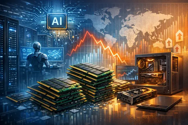 Illustration of AI data centers competing with consumer PCs for scarce DDR5 memory chips