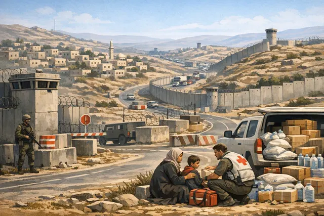 Editorial illustration depicting the humanitarian crisis in the occupied West Bank, with a network of barriers and a settler siege trapping Palestinian families in Qusra.