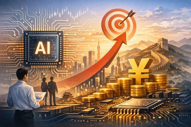 Abstract visualization of AI chip circuits and financial growth charts