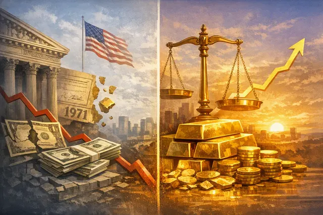 Historical timeline graphic showing gold prices and dollar devaluation from 1971 to 2026