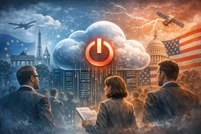 Abstract digital illustration of a cloud switch being pulled, representing the US cloud 'kill switch' threat to European businesses