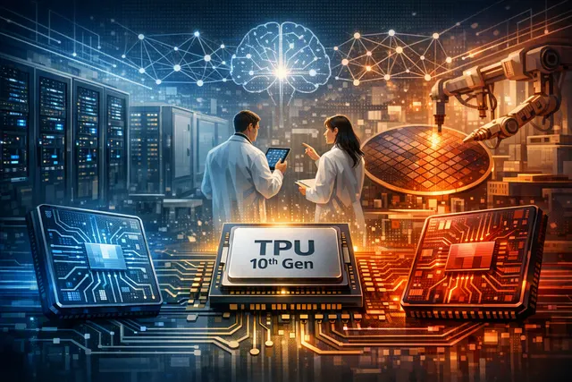 Conceptual illustration of a hybrid AI chip with integrated CPU and accelerator cores on a single package, representing Google's reported TPU v10 design with AMD collaboration.