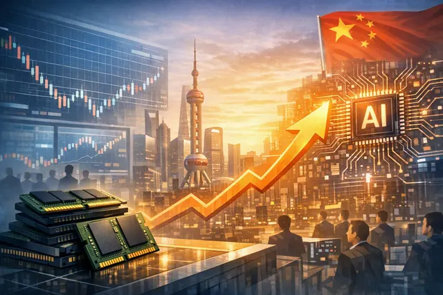 Editorial illustration of AI infrastructure, memory chips and a rising CXMT share-price chart