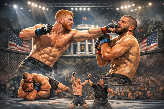 Editorial illustration of Bo Nickal celebrating his first-round TKO victory at UFC Freedom 250 on the White House South Lawn.
