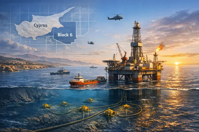AI-generated visual of an offshore gas platform and LNG tanker in the Eastern Mediterranean, representing the Cronos gas field development offshore Cyprus.
