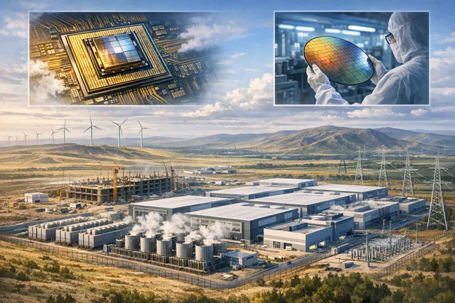 AI-generated visualization of a massive data center complex in a cold, open landscape, representing DeepSeek's planned 1-gigawatt facility in Inner Mongolia.