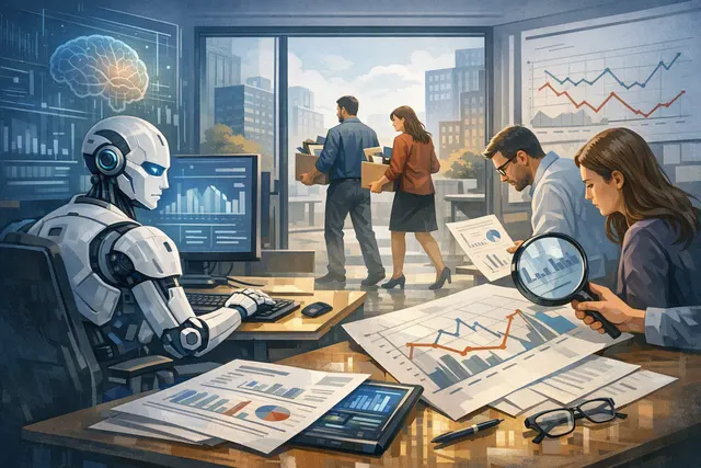 Visual representation of the paradox of AI-driven layoffs with charts showing productivity decline, falling stock prices, and a rehiring arrow looping backward