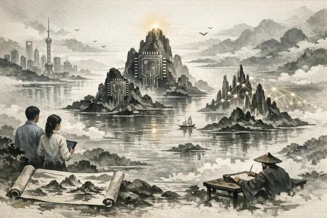 An ink-wash map of AI depicting chipmakers as mountains on islands, algorithms as jagged mountain ranges, and ethical questions as uncharted islands, from a Shanghai AI lab exhibit