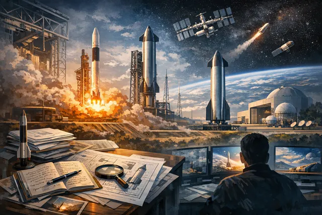 Artistic depiction of the Falcon 1 rocket's historic fourth launch ascending to orbit against a starry sky, symbolizing SpaceX's near-bankruptcy survival.