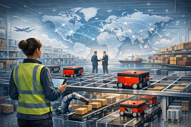 Illustration of Amazon and AutoStore partnership showing warehouse robots and automated fulfillment