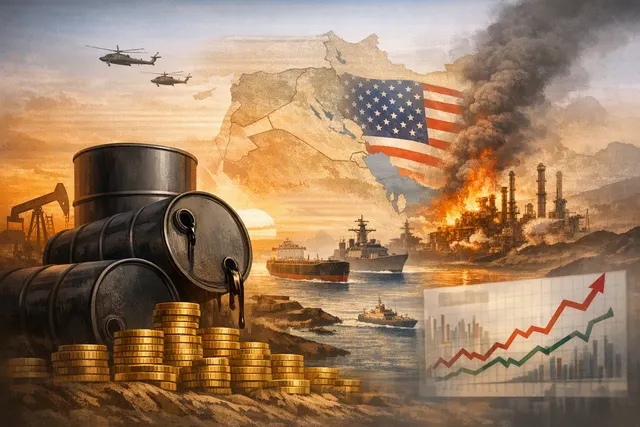 Editorial illustration of oil tankers navigating a disrupted Strait of Hormuz amid Middle East conflict