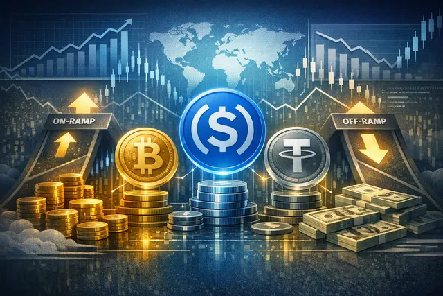 Digital illustration of stablecoin dominance chart with upward arrows and crypto payment symbols