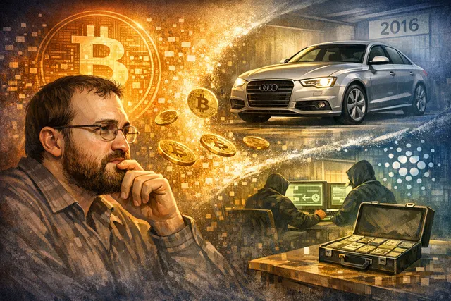 Cardano's $70 million Bitcoin mystery: a 3D-rendered Bitcoin hovering above a dissolving Isle of Man corporate seal, with Charles Hoskinson's silhouette and forensic audit document
