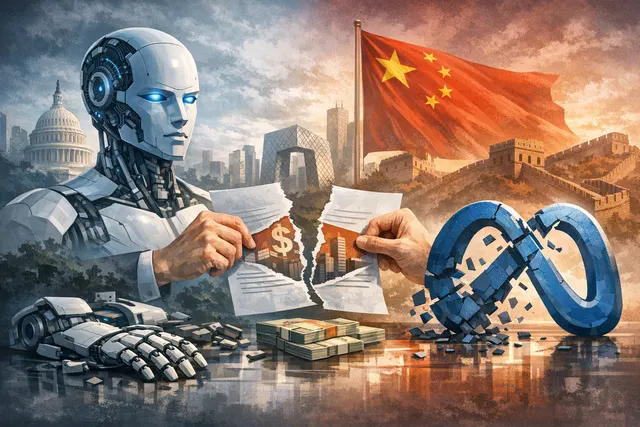 Illustration of the unraveling Meta-Manus AI acquisition deal with technology and geopolitical tension