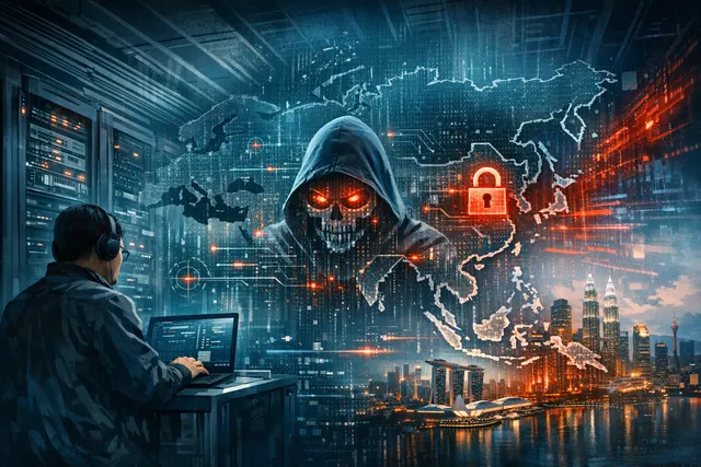 Abstract digital map of Asia with glowing red AI nodes and cyber threat lines spreading across the region