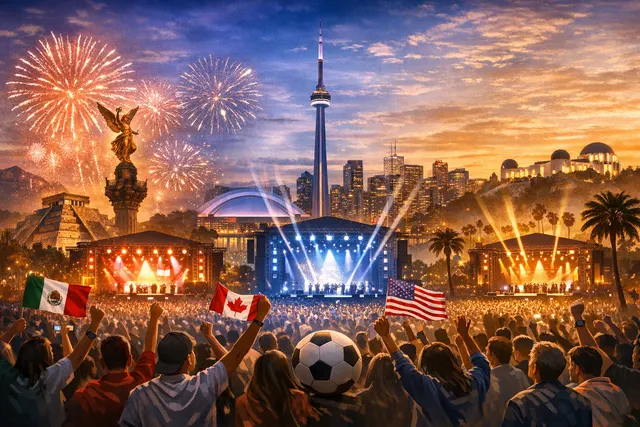 FIFA World Cup 2026 Countdown Concert stage with lights and crowd across three host cities Mexico City, Toronto, and Los Angeles