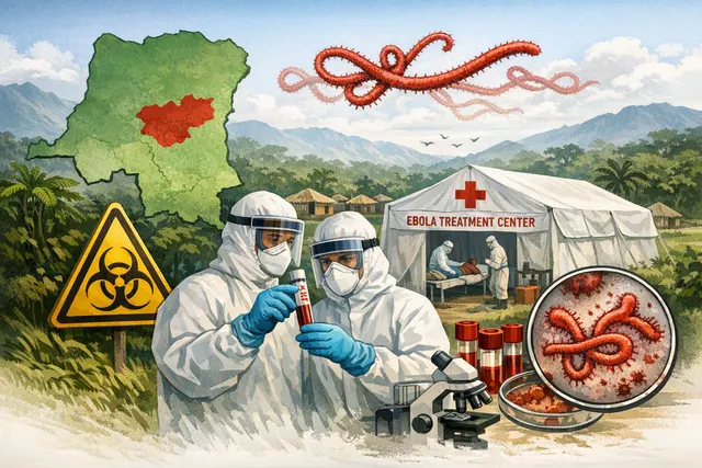 Map or infographic illustrating the geographic spread of the 2026 Bundibugyo Ebola outbreak across six provinces in the Democratic Republic of the Congo.