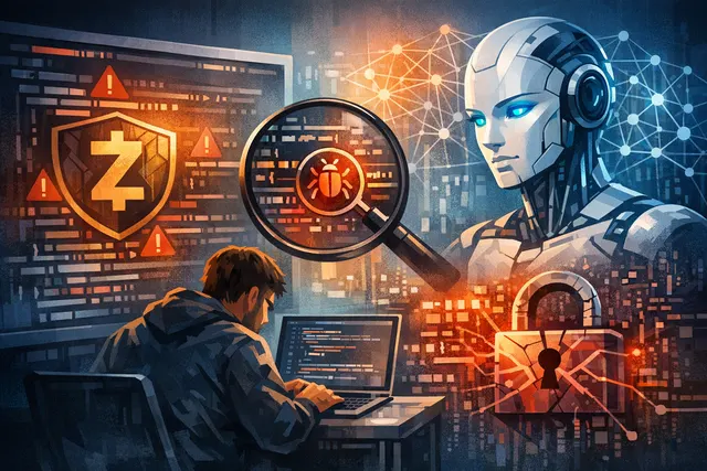 Illustration showing a shattered Zcash coin beside a glowing AI chip, representing the AI-discovered critical vulnerability that sent ZEC's price crashing