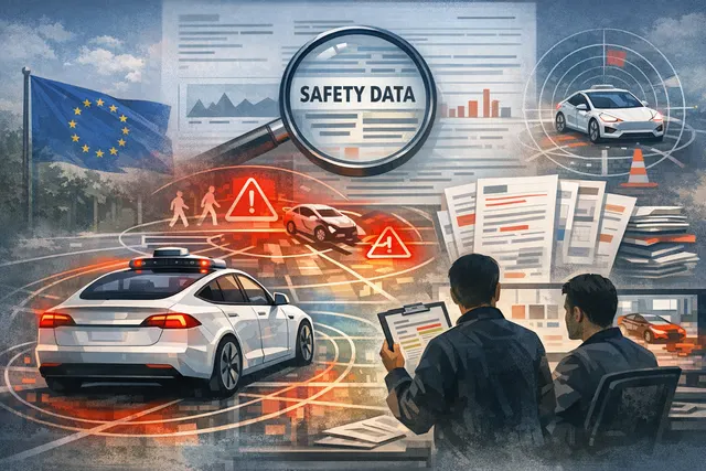 A conceptual image of a Tesla vehicle's autonomous driving system under scrutiny, with a European Union flag and regulatory documents in the background.