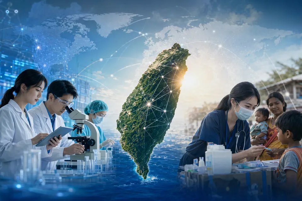 Editorial illustration representing Taiwan’s push for participation in the World Health Organization and global health collaboration