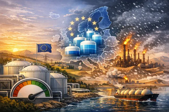 Editorial illustration of European gas storage tanks and LNG shipping routes under winter supply pressure