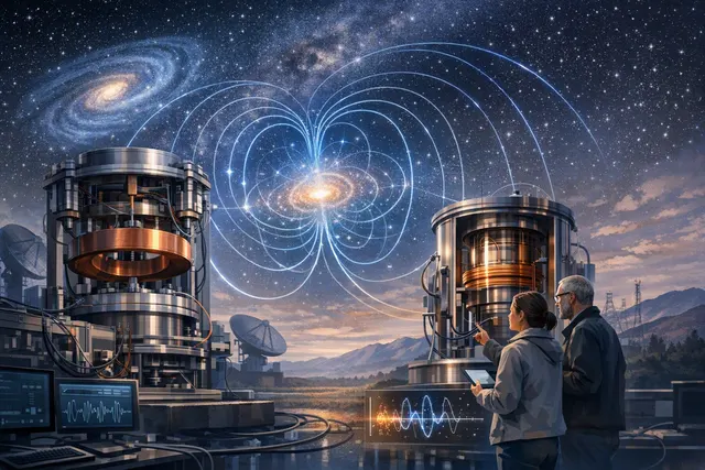 Illustration of an axion dark matter particle interacting with a magnetic field detector, representing experiments like MIT's DMRadio and ABRACADABRA.