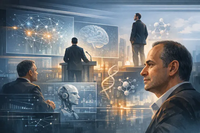 Conceptual AI-generated image representing Google DeepMind leadership restructuring with Demis Hassabis, Koray Kavukcuoglu, and Jeff Dean.