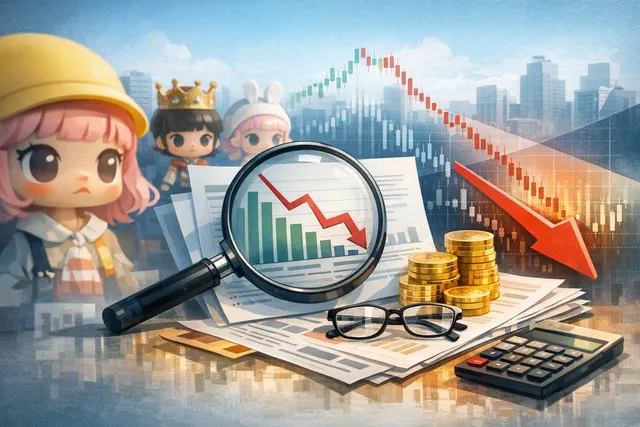 Editorial illustration of Pop Mart’s Labubu growth slowing as overseas sales decline
