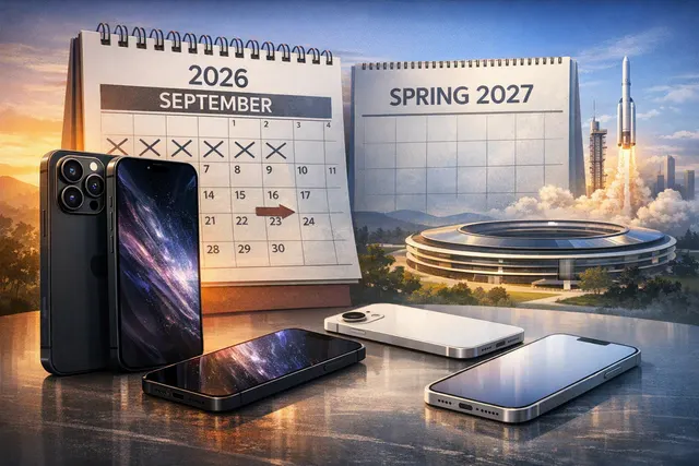 AI-generated illustration of Apple iPhone 18 Pro models and a foldable iPhone Ultra against an abstract clock face, representing the split September 2026 and spring 2027 launch sch