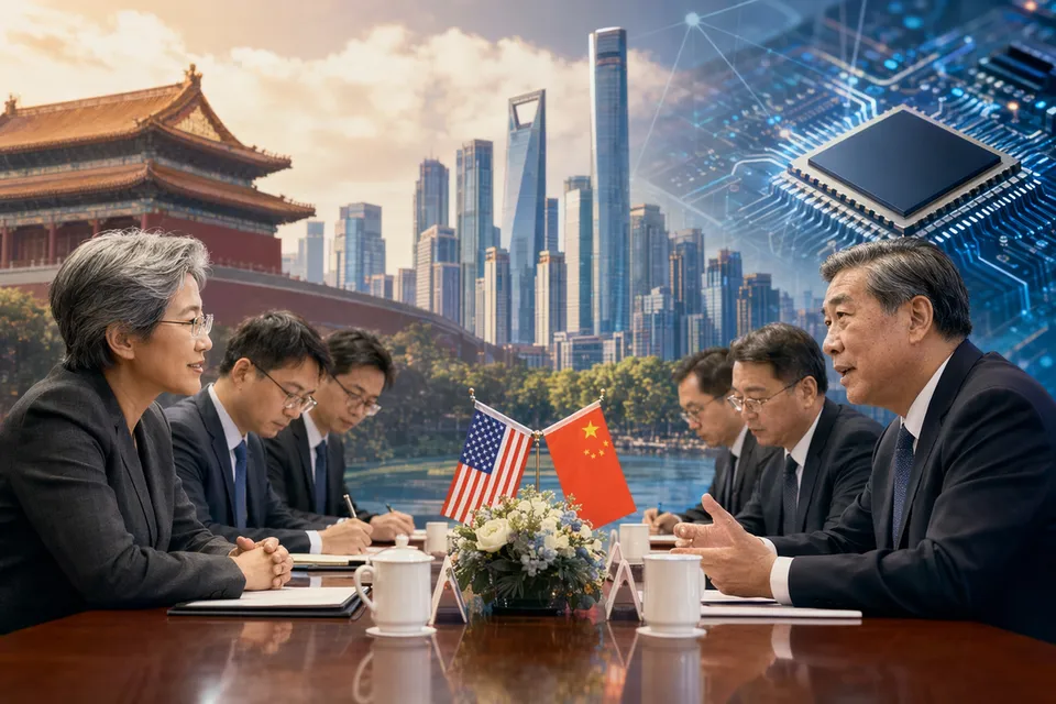 Illustration of AMD CEO Lisa Su and Chinese Vice Premier He Lifeng meeting amid semiconductor and AI industry themes