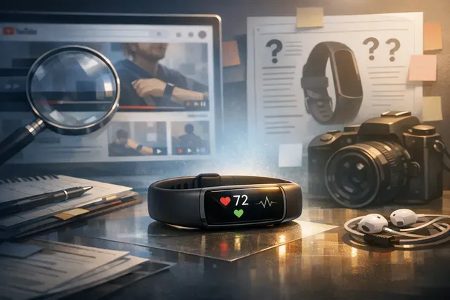 Illustration of a slim mystery fitness tracker with an oblong screen alongside Google Pixel devices