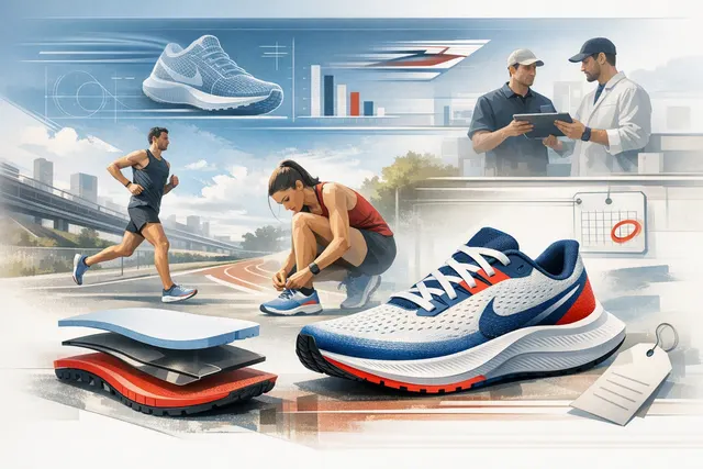 Editorial illustration of Nike Pegasus Plus 2 running shoes with a visible curved forefoot Air Zoom unit