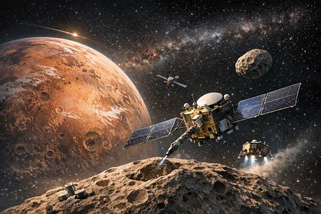 Conceptual illustration of JAXA’s MMX spacecraft exploring Mars’ moons Phobos and Deimos