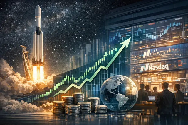 Digital artwork of a SpaceX rocket blasting off from a glowing stock market ticker with symbols SPCX against a dramatic sunrise backdrop, symbolizing the record-breaking IPO.