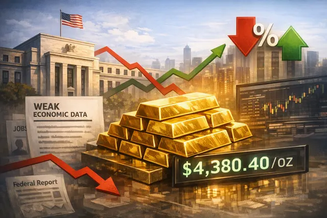 Close-up of a gold bullion coin stacked on top of others, with a partially visible financial market dashboard in the background showing upward price movement.