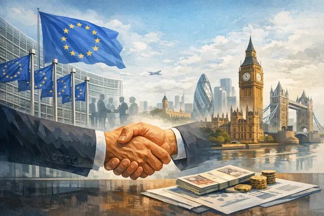 Editorial illustration of Santander and Centerbridge jointly taking control of fintech Ebury after EU merger clearance
