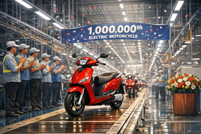Red VinFast Feliz II electric motorcycle, the one-millionth unit produced at the Hai Phong factory