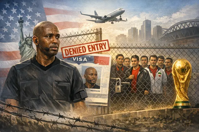 A divided FIFA World Cup trophy with U.S. and Iranian flags on one side and a Somali flag on the other, with a referee's red card stuck in a barbed-wire visa stamp.