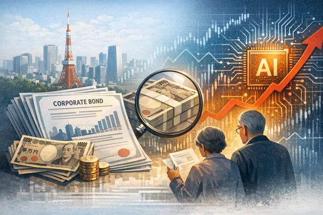 Editorial illustration of SoftBank financing AI investment through a large Japanese retail bond sale