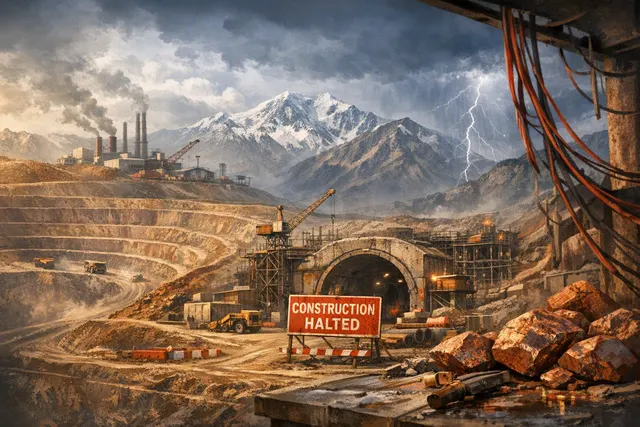 Codelco copper mine at sunset with heavy machinery and haul trucks operating at El Teniente division, representing the world's largest underground copper mine.